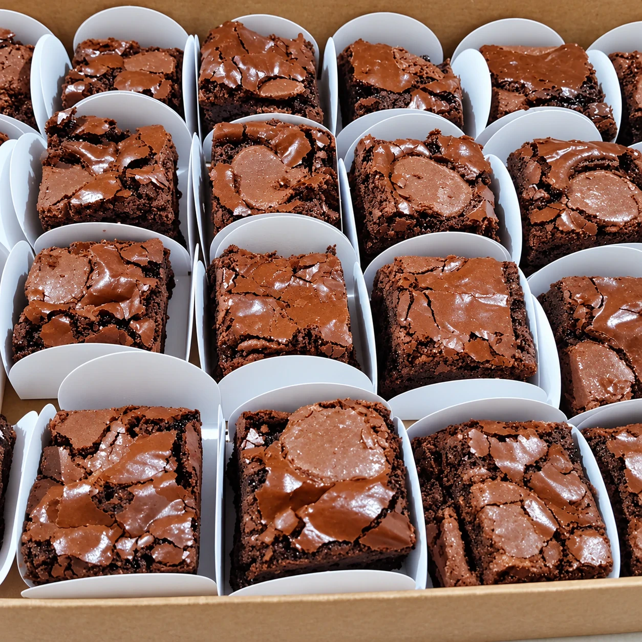 Caixa com brownies em forminhas brancas de papel, com a casquinha brilhante e craquelada por cima