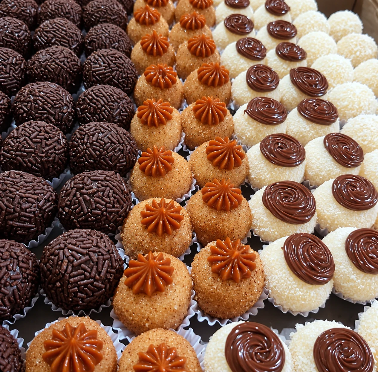 Bandeja de docinhos tradicionais: brigadeiros com granulado, docinhos com açúcar e doce de leite, e docinhos brancos com espiral de chocolate